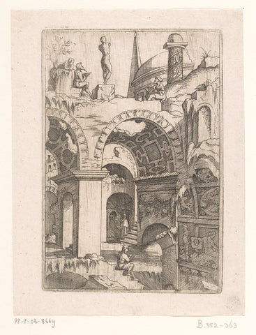 Draughtsmen at ruins, Virgil Solis, 1550 - 1562 Canvas Print