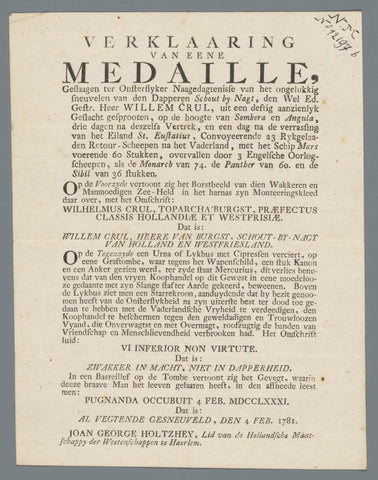 Printed declaration at the silver medal Willem Crul, , 1781 Canvas Print