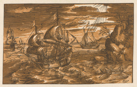 Ships off a coast, Hendrick Goltzius (rejected attribution), 1605 - 1620 Canvas Print