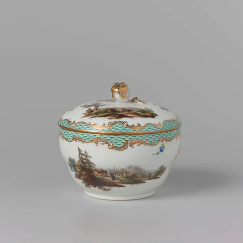 Sugar bowl with lid, multicolored painted with landscapes with figures, Meissener Porzellan Manufaktur, 1777 Canvas Print