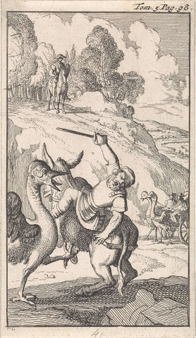 Fight of Sancho with an ostrich, Caspar Luyken, 1696 Canvas Print