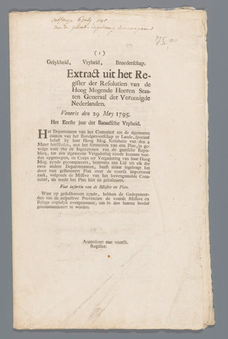 Extract uit het Register der Resolutien van de Hoog Mogende Heeren Staaten Generaal der Vereenigde Nederlanden, anonymous, 1795 Canvas Print