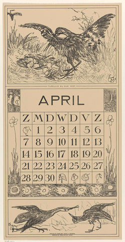 Calendar page April with redshank, Theo van Hoytema, 1917 Canvas Print