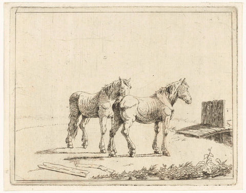 Meadow landscape with two horses by bridge, Cornelis Bisschop (1762-1829), 1777 - 1829 Canvas Print