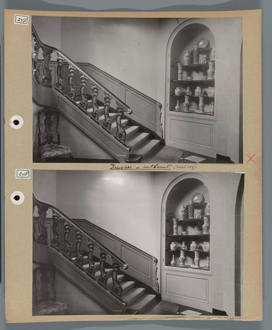 Built-in display case with blue Chinese porcelain next to a staircase, c. 1920 - c. 1950 Canvas Print