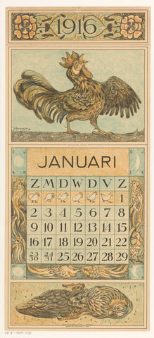 Calendar sheet January with crowing, Theo van Hoytema, 1915 Canvas Print