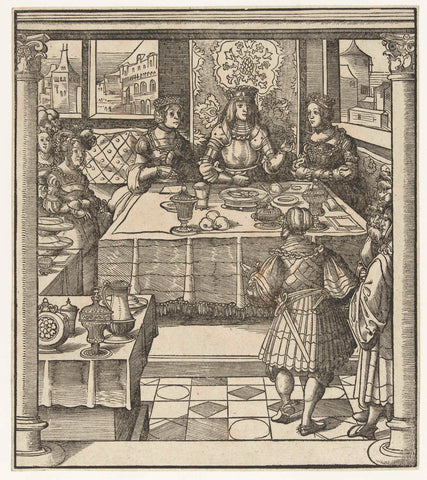 Maximiliaan zit aan tafel met twee vrouwen en ontvangt boodschapper, Leonhard Beck, 1512 - 1516 Canvas Print