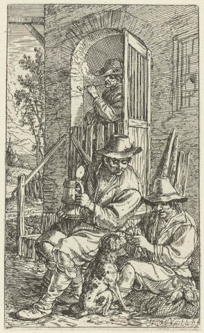 Two men in front of an inn with a dog, Jonas Umbach, 1634 - 1693 Canvas Print