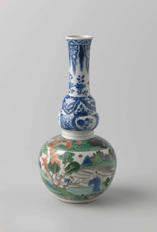 Bottle vase with landscape, bird on branch and neck decoration in underglaze blue, anonymous, c. 1800 - c. 1899 Canvas Print