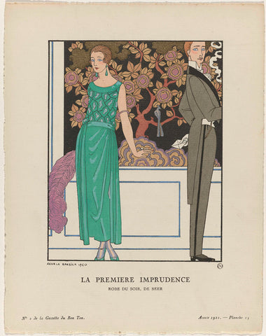 Gazette du Bon Ton, 1921 - No. 2, Pl. 15: La premiere imprudence / Robe du soir, de Beer, George Barbier, 1921 Canvas Print