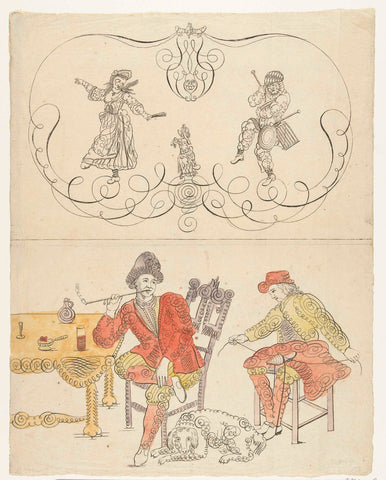 Curling figures of dancers with a dog and a smoker and a cobbler, ca. 1700, anonymous, 1690 - 1700 Canvas Print