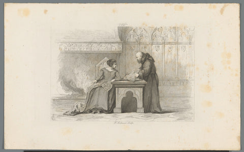 Monk shows a book to a woman, 13th century, Frans Molenaar (1821-1886), 1864 - 1865 Canvas Print