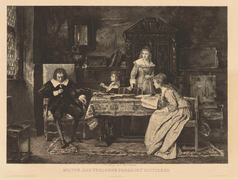 Sitting in an armchair, Milton dictates to one of his daughters his 