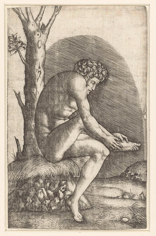 Sitting naked man looks at wound to foot, Marcantonio Raimondi, 1510 - 1527 Canvas Print