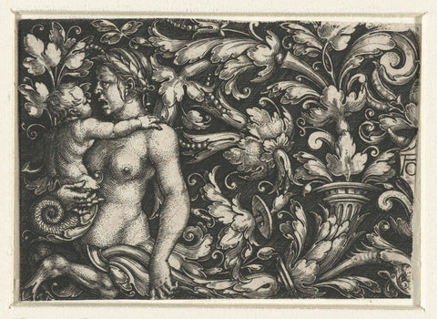 Ornament with leaf vines and a female triton with child, Heinrich Aldegrever, 1512 - 1560 Canvas Print