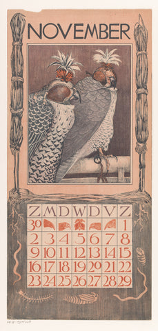 Calendar sheet November with two falcons, Theo van Hoytema, 1901 Canvas Print