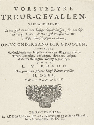 Title page for: L. van den Bos, Vorstelycke treur-gevallen; part 2 of: Het toneel der ongevallen, 1699, Arnold Houbraken, 1699 Canvas Print