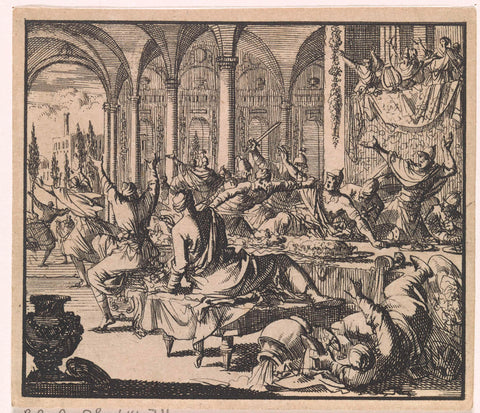 Simon to a guest meal on the orders of his son-in-law Ptolemy murdered, Jan Luyken, 1698 Canvas Print