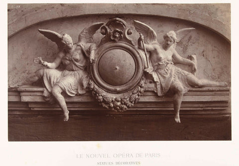 Two statues of female angels with hammers in hand, sitting on either side of a medallion, situated above a door., Louis-Emile Durandelle, c. 1878 - 1881 Canvas Print