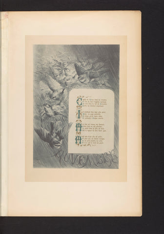 Reproductie van een prent van vogels in een regenbui, met het gedicht Novembre van François Coppée, door Hector Giacomelli, Paul Dalloz, c. 1871 - in or before 1876 Canvas Print