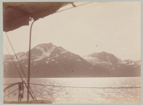 Ship sails by sea along snow-capped peaks, Paul Güssfeldt (attributed to), 1889 Canvas Print