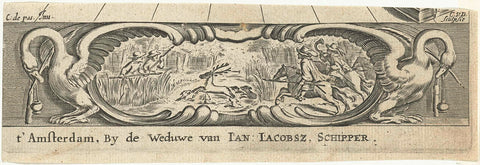 Cartouche with deer hunt flanked by swans, Cornelis van Dalen (I), 1672 Canvas Print