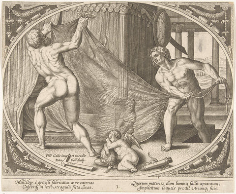 Vulcanus hangs an iron net above the bed, Jan Collaert (II), 1576 - 1628 Canvas Print