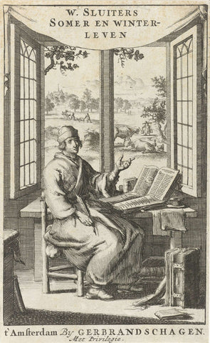 Writer Willem Sluiter at his desk at an open window, Jan Luyken, 1687 Canvas Print