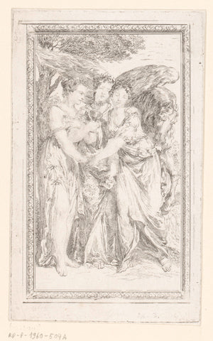 Vignette with three allegorical female figures and Pegasus, Jean Jacques Flipart, 1758 Canvas Print