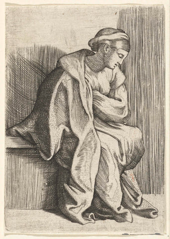 Sitting woman in contemplation, Marcantonio Raimondi, 1510 - 1575 Canvas Print