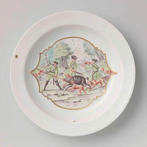 Plate, multicolored painted with a boar hunt, Meissener Porzellan Manufaktur, c. 1750 Canvas Print