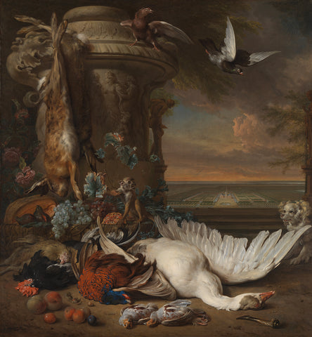 Hunting and Fruit Still Life next to a Garden Vase, with a Monkey, Dog and two Doves, in the distance Rijksdorp near Wassenaar, Seat of Jacob Emmery, Baron of Wassenaar, Jan Weenix, 1714 Canvas Print