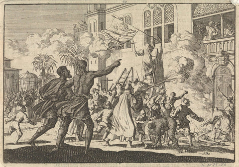 Storming of the palace of the Viceroy of Mexico, 1623, Jan Luyken, 1698 Canvas Print