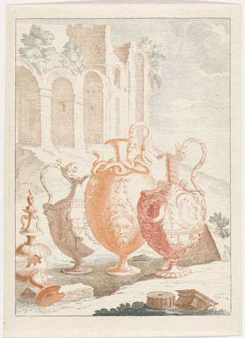 Landscape with ruins and three vases, anonymous, 1688 - 1698 Canvas Print