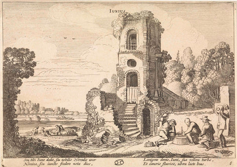 Landscape with a dilapidated tower: June, Jan van de Velde (II), 1630 - 1699 Canvas Print