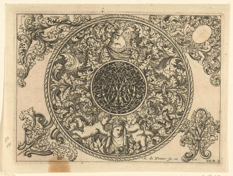 Edge of round plate with leaf vines, masks and putti, Anthonie de Winter, 1696 Canvas Print