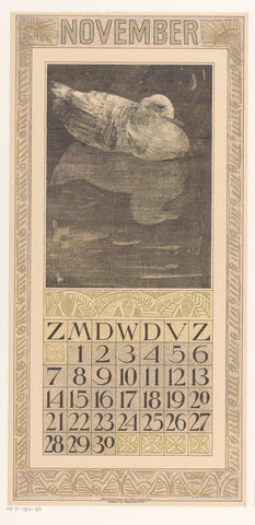 Calendar sheet November with floating duck, Theo van Hoytema, 1908 Canvas Print