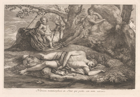 Narcissus en Echo, Gérard Audran, Benoît Audran (I), Jean Audran, 1650-1756 Canvas Print