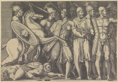 Trajan fighting with Dacians, Marco Dente (attributed to), 1498 - 1532 Canvas Print