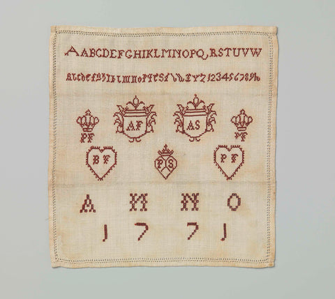 Sampler of linen on which two alphabets (typefaces, Gothic), a series of numbers, three shields, two crowns and two hearts with initials and ANNO 1771 are embroidered with silk, anonymous, 1771 Canvas Print