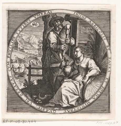 The month of July, bagpipe player and woman with jug, ca. 1600, anonymous, 1650 - 1675 Canvas Print