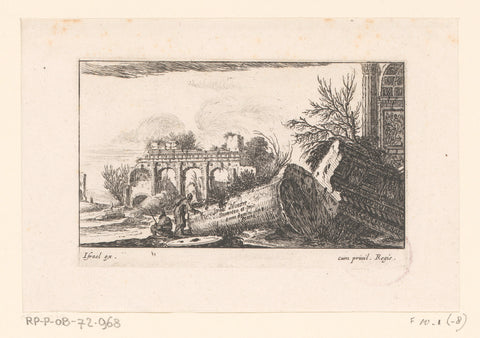 Landscape with two men at classical ruins, Israel Silvestre, 1643 Canvas Print