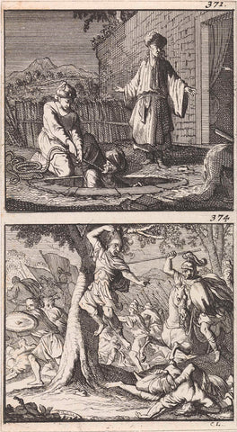 Jonatan and Achimaäs are hidden in a well / Death of Absalon, Caspar Luyken, 1698 Canvas Print