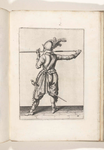 Soldier, seen from the back, carrying his skewer with both hands horizontally at nose level, his right hand at the base of the weapon, his face turned to the left (no. 29), ca. 1600, Jacob de Gheyn (II) (workshop or), 1597 - 1607 Canvas Print