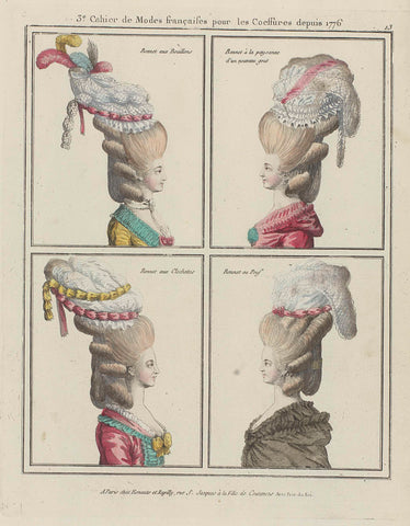 Coiffures, Poufs, Hats and Bonnets: Eleven Coiffures and Headdresses, anonymous, 1776 Canvas Print