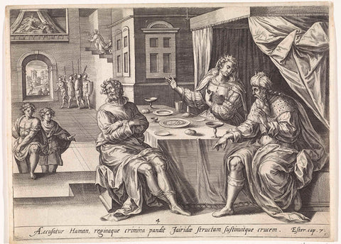 Ester accuses Haman during the meal, Hans Collaert (I) (attributed to), 1585 Canvas Print