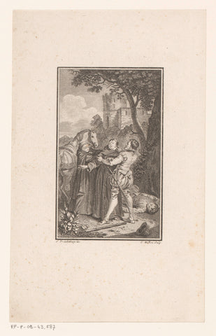 Nobleman with two monks, Louis Michel Halbou, 1781 - 1782 Canvas Print