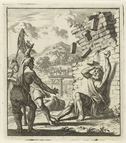 Man is crushed by collapsing wall, Jan Luyken, 1693 Canvas Print