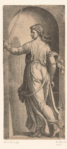 Woman as personification of Justice (Justitia) with scales and sword standing in niche, Marcantonio Raimondi, 1510 - 1575 Canvas Print