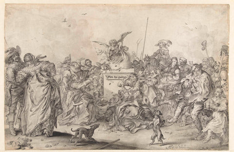 Crowd around a putto with a money bag on a pedestal, Adriaen Pietersz. van de Venne, 1600 - 1662 Canvas Print